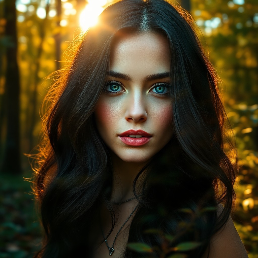 AI generated art for prompt: A captivating double exposure portrait reveals an enchanting woman with piercing emerald eyes and lu