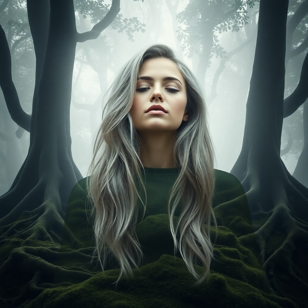 AI generated art for prompt: Craft a double exposure portrait featuring a young female model with cascading silver hair, her eyes