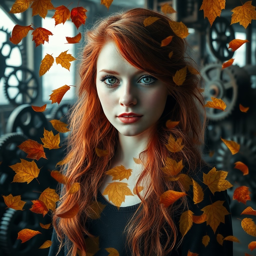 AI generated art for prompt: Craft an evocative double exposure portrait featuring a pensive young woman with fiery red hair and 