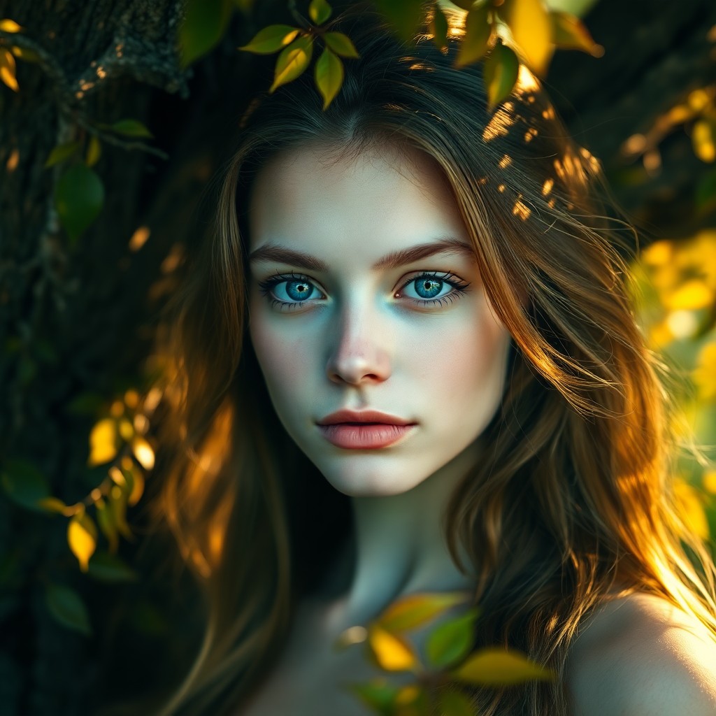 AI generated art for prompt: A photorealistic portrait depicts a young woman with porcelain skin and piercing blue eyes, her gaze