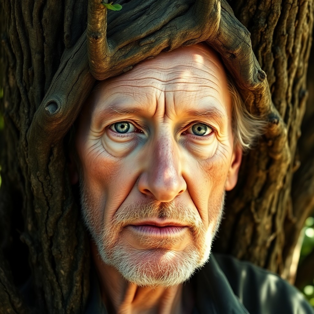 AI generated art for prompt: Craft a photorealistic portrait with an elderly man's stoic expression, his weathered skin and pierc