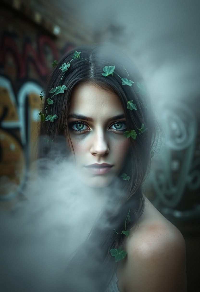 AI generated art for prompt: A haunting portrait captures a woman's somber gaze as her piercing green eyes peer wistfully into th