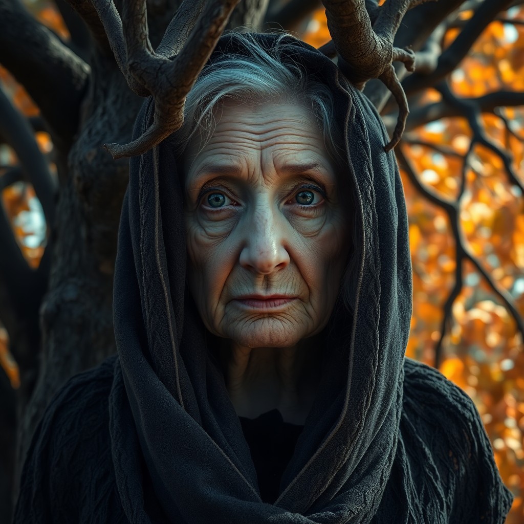 AI generated art for prompt: A haunting photorealistic portrait depicts an elderly woman enveloped in tattered fabrics akin to a 