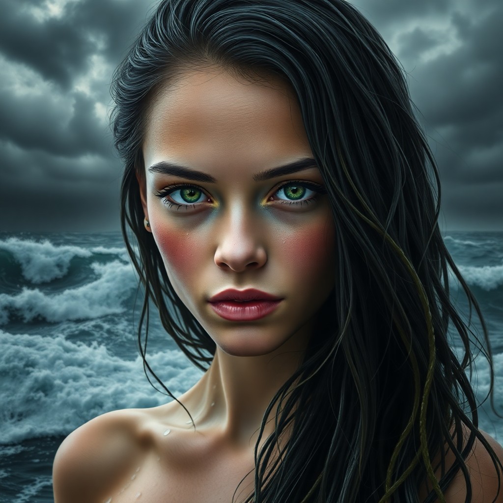 AI generated art for prompt: Craft a photorealistic portrait of a young woman with intense green eyes and cascading raven hair ag