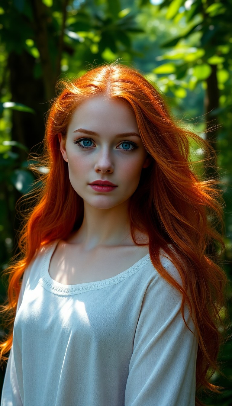 AI generated art for prompt: A young woman with piercing blue eyes and flowing red hair stands in a lush forest, her fiery locks 