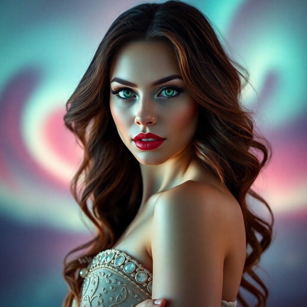 AI generated art for prompt: An ethereal beauty graces a portrait with porcelain skin, intense emerald eyes, and full ruby lips. 