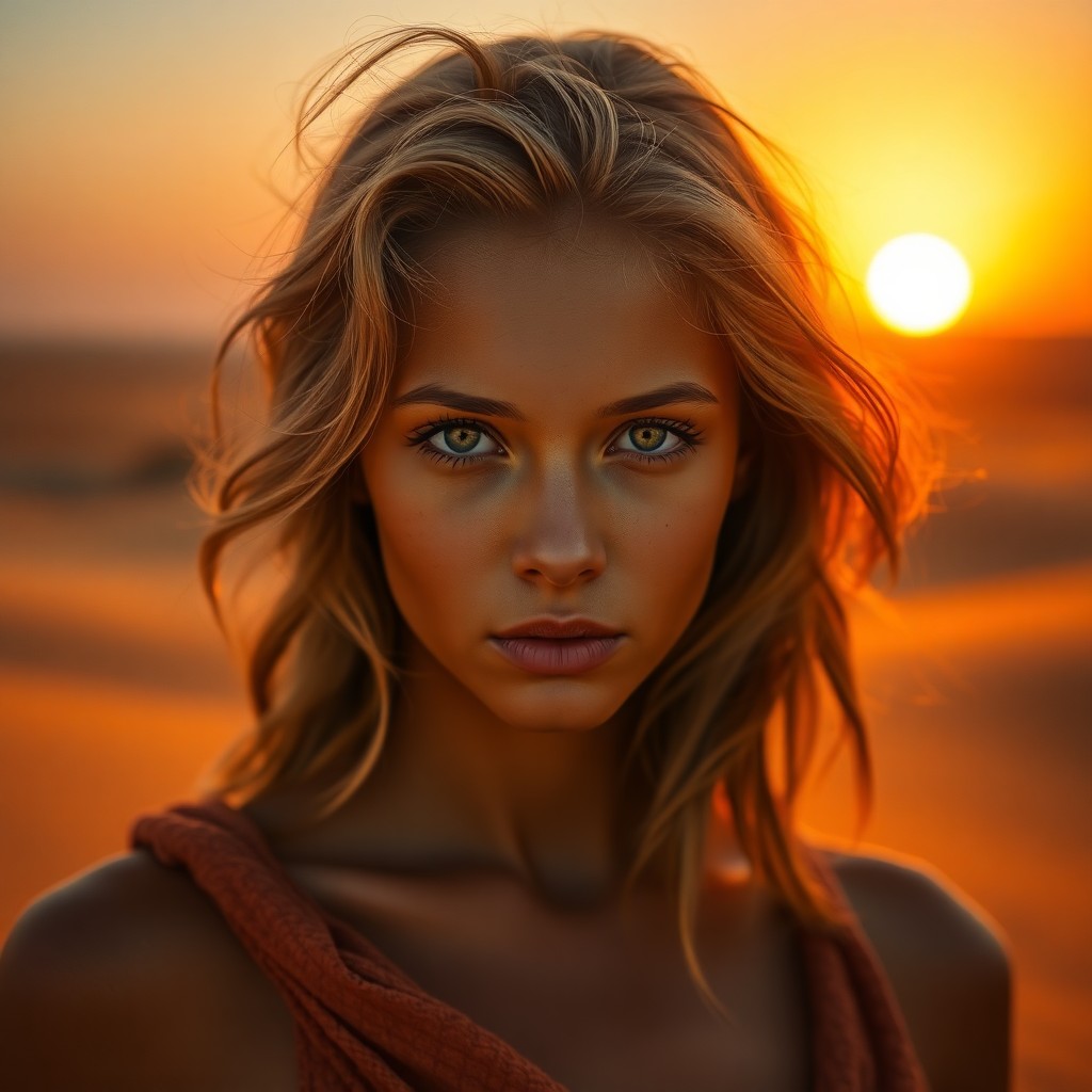 AI generated art for prompt: A focused young woman with striking green eyes and hair illuminated by golden sunlight stands agains