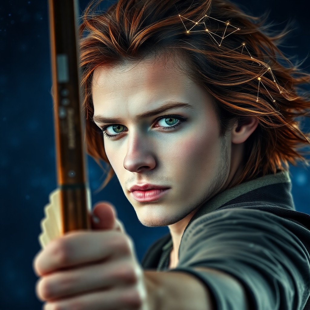 AI generated art for prompt: A captivating portrait of an enigmatic archer-illusionist with sharp features and piercing green eye