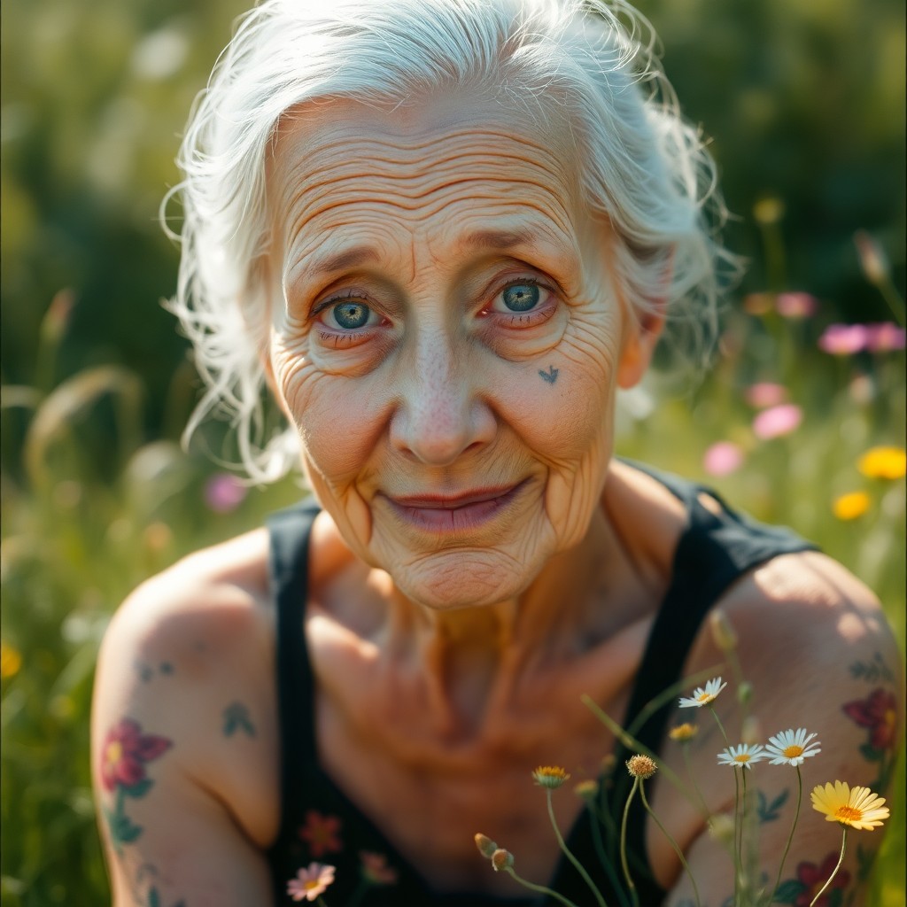 AI generated art for prompt: A film camera captures a portrait of an elderly woman with gentle creases and warm eyes full of wisd