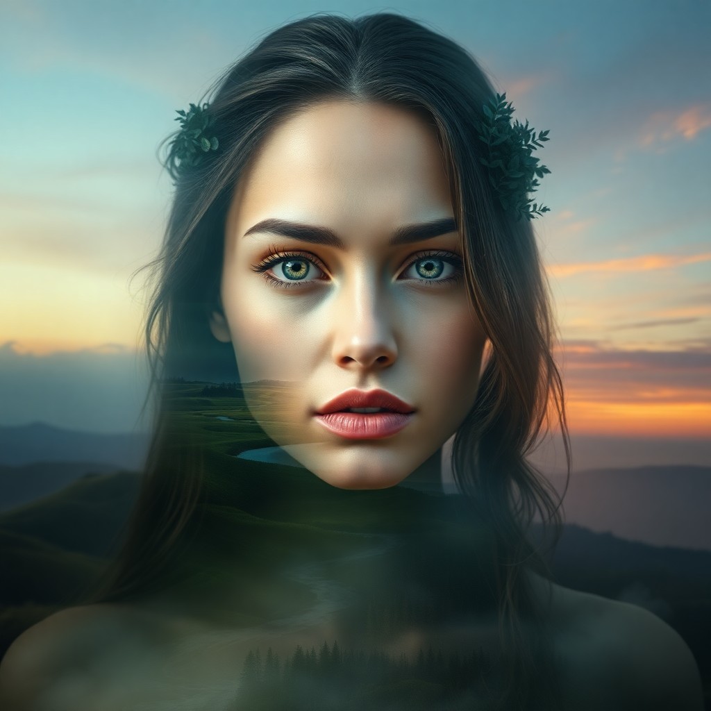 AI generated art for prompt: Craft a photorealistic digital portrait of an enigmatic woman, her features seamlessly merging with 