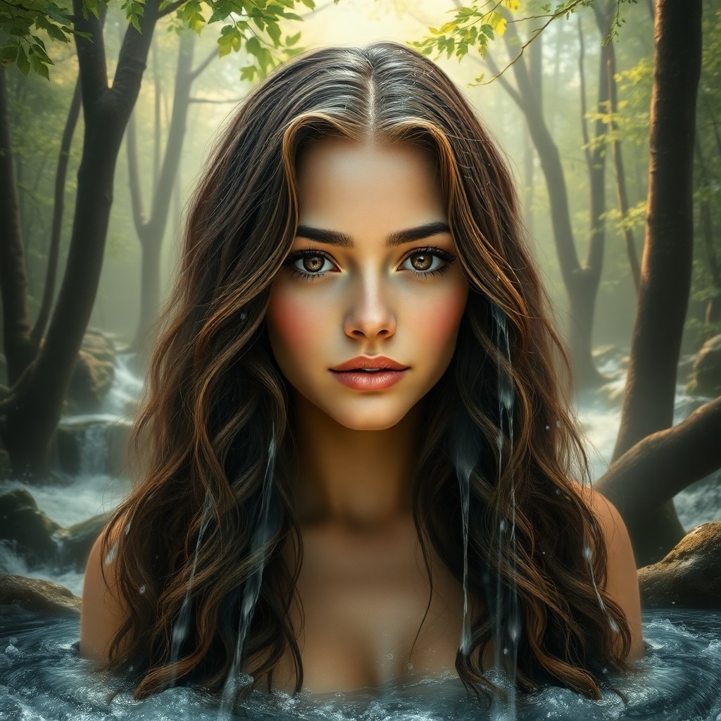 AI generated art for prompt: Craft a photorealistic digital portrait of a young woman adorned with long, wavy locks seamlessly me