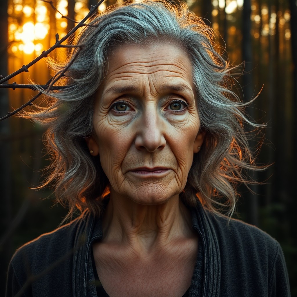 AI generated art for prompt: A striking portrait of an elderly woman with weathered skin, deep-set eyes, and wavy gray hair blown