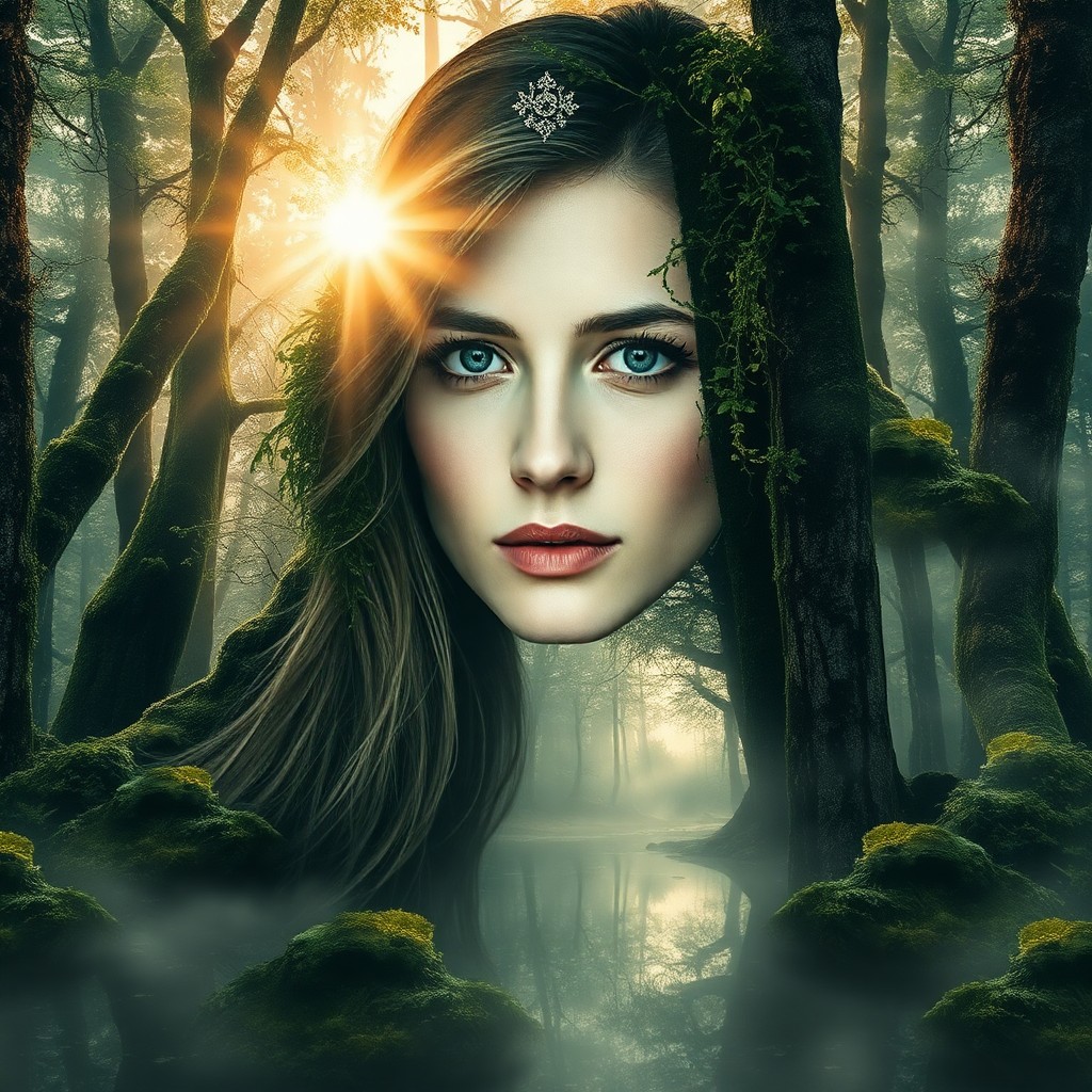 AI generated art for prompt: Create a captivating double exposure portrait merging an enigmatic woman with an ancient forest shro