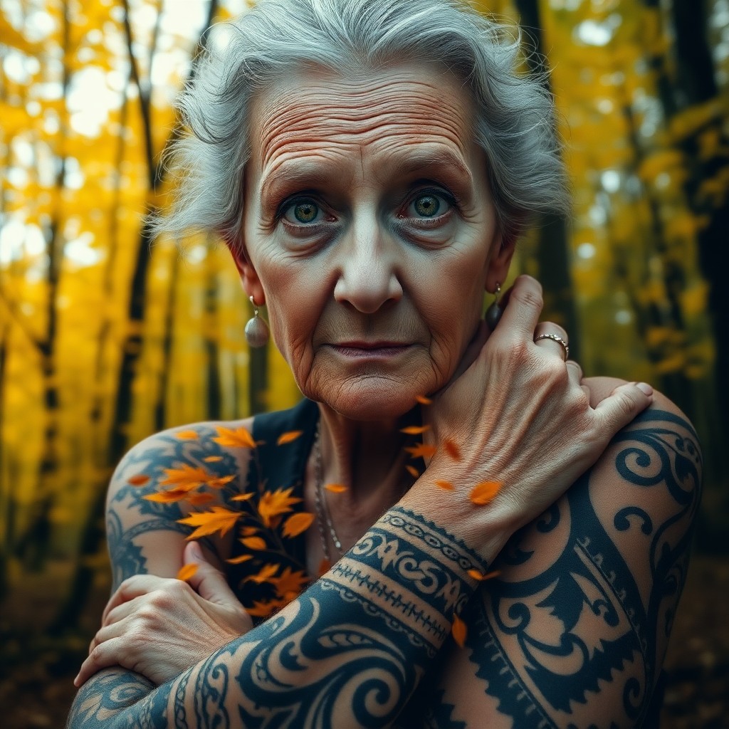 AI generated art for prompt: A captivating double exposure portrait showcases a wise elderly woman with piercing green eyes and i
