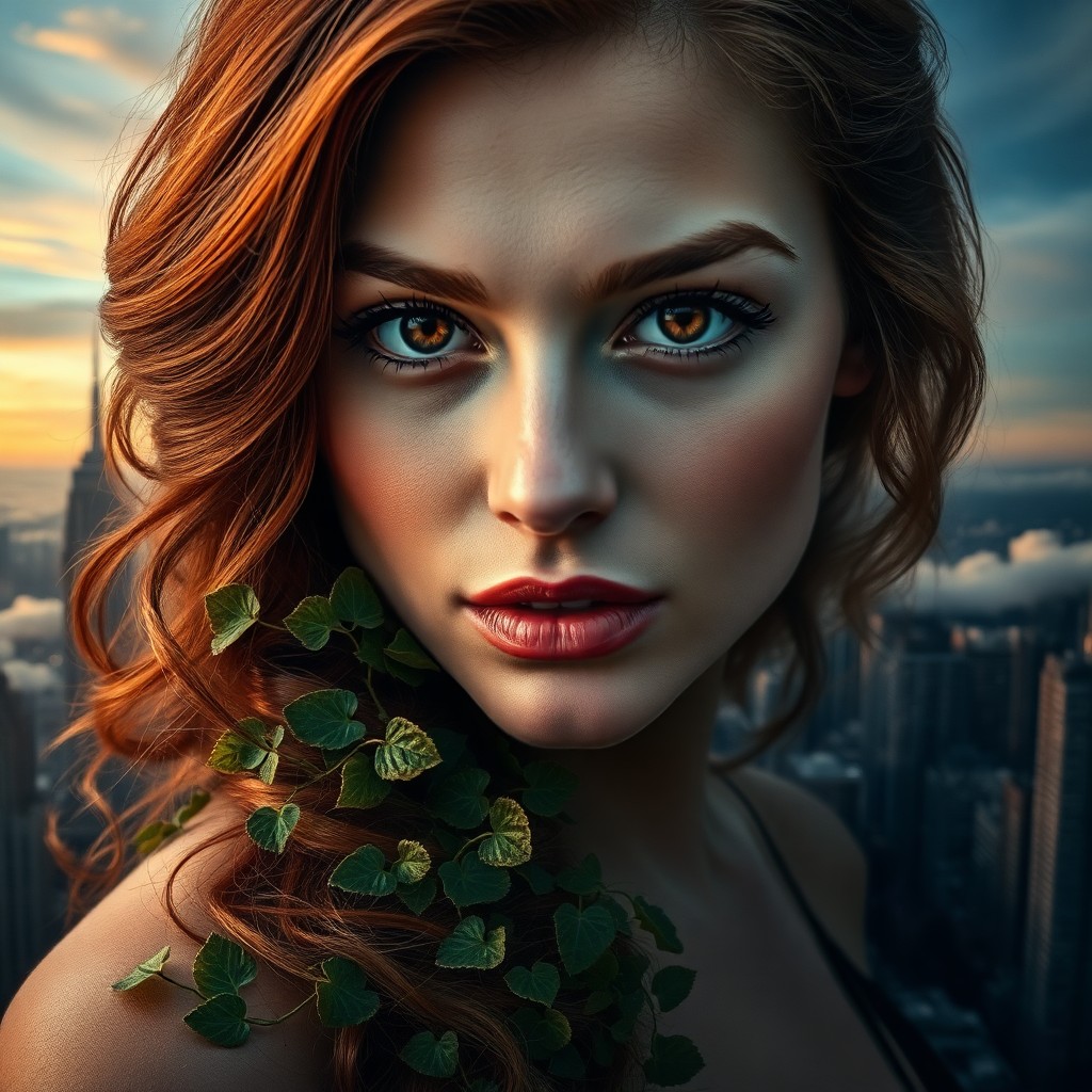AI generated art for prompt: Craft an intricate double exposure portrait of a captivating woman with cascading auburn hair framin