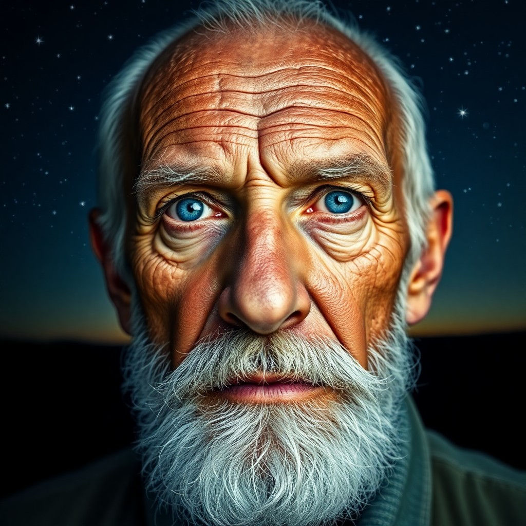 AI generated art for prompt: A striking portrait showcases an elderly man with weathered skin, piercing blue eyes, and a neatly t