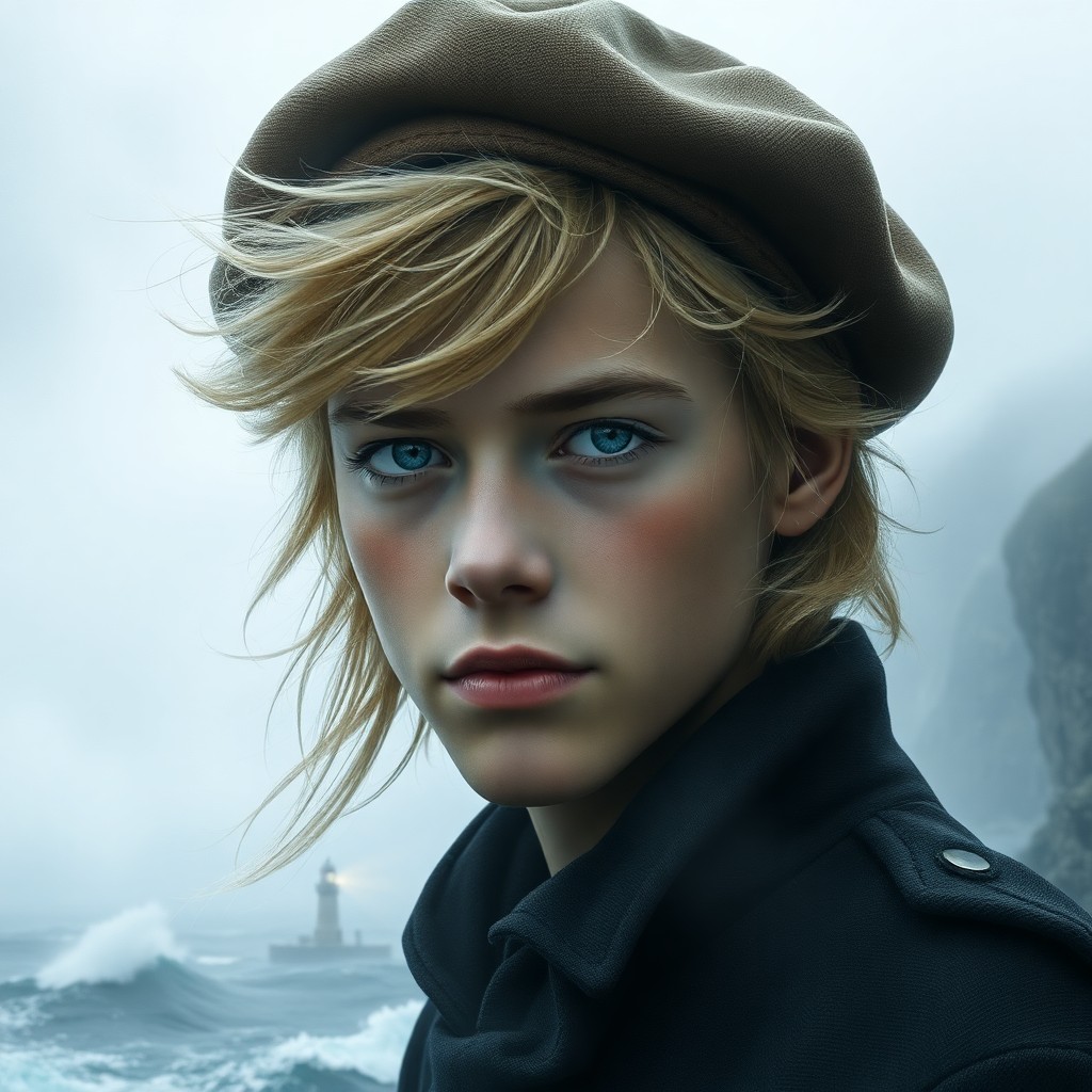 AI generated art for prompt: A photorealistic digital portrait showcases a youthful figure with piercing blue eyes and windswept 