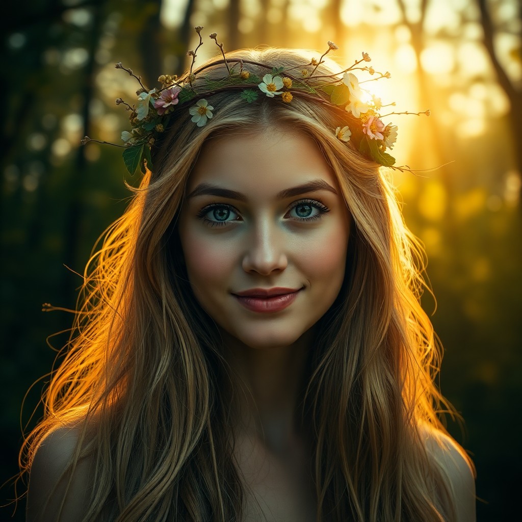 AI generated art for prompt: A photorealistic portrait photograph of a young woman with long, blonde hair cascading over her shou