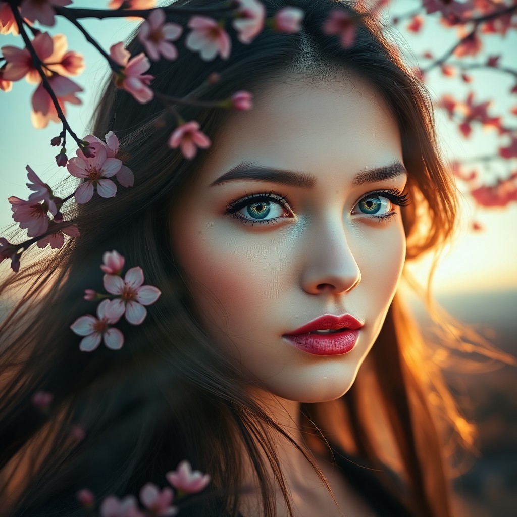 AI generated art for prompt: Create a captivating double exposure portrait showcasing a woman with mesmerizing emerald eyes, her 