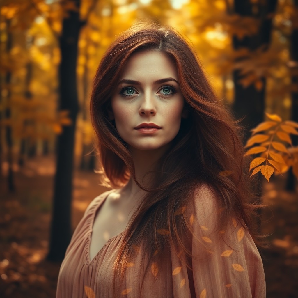 AI generated art for prompt: A woman with chestnut hair and captivating green eyes stares into the distance, her serene expressio