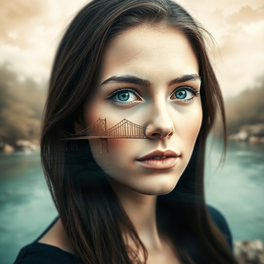 AI generated art for prompt: A captivating double exposure portrait showcases a serene young woman with striking blue eyes, her g