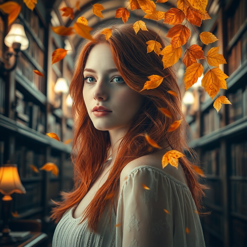 AI generated art for prompt: Envision a captivating double exposure portrait of a young woman with vibrant red hair cascading ove