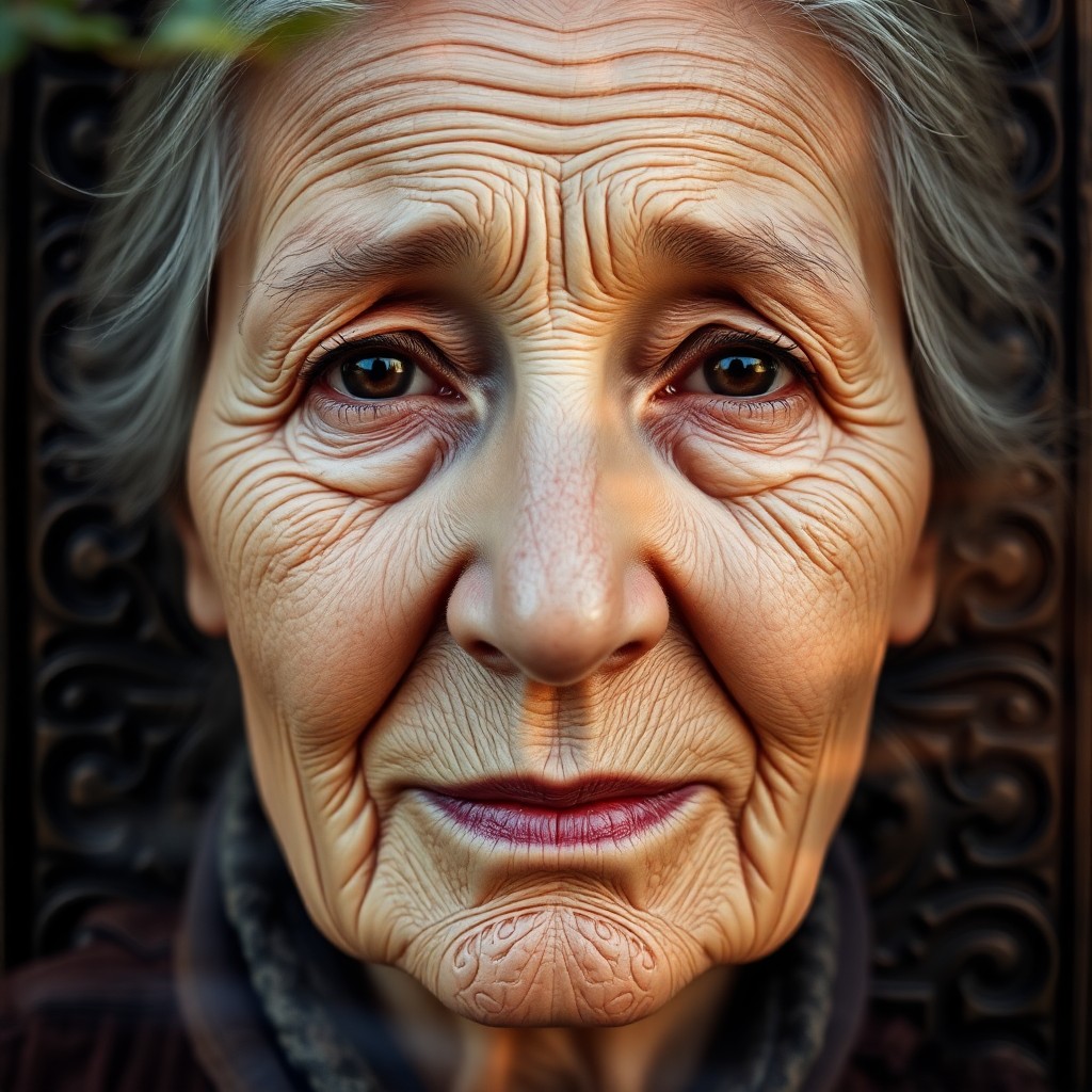 AI generated art for prompt: Craft a photorealistic portrait of an elderly woman with a visage weathered by wisdom. Her eyes shou