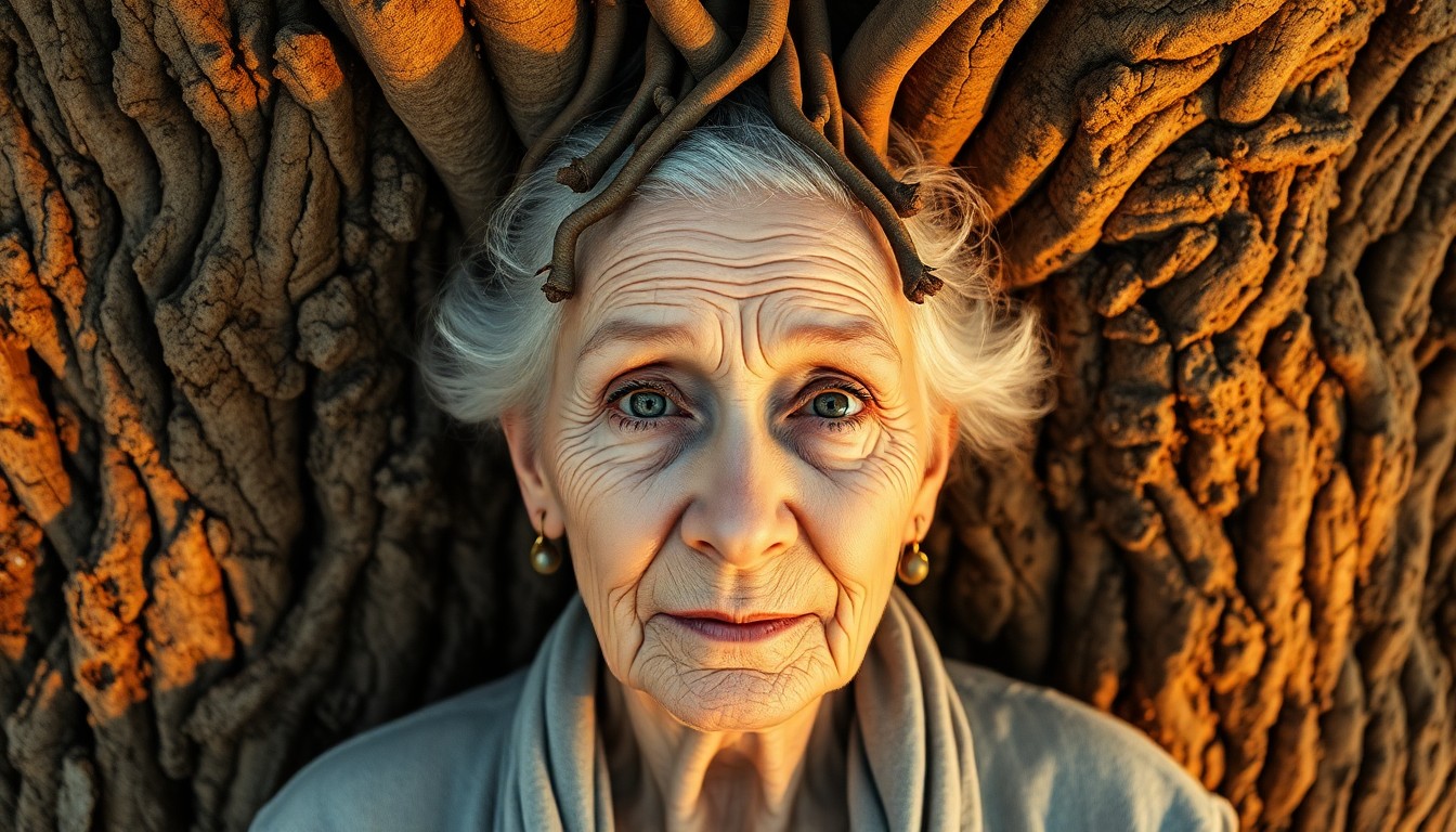 AI generated art for prompt: Craft a photorealistic portrait of an elderly woman with her face seamlessly merging into the intric