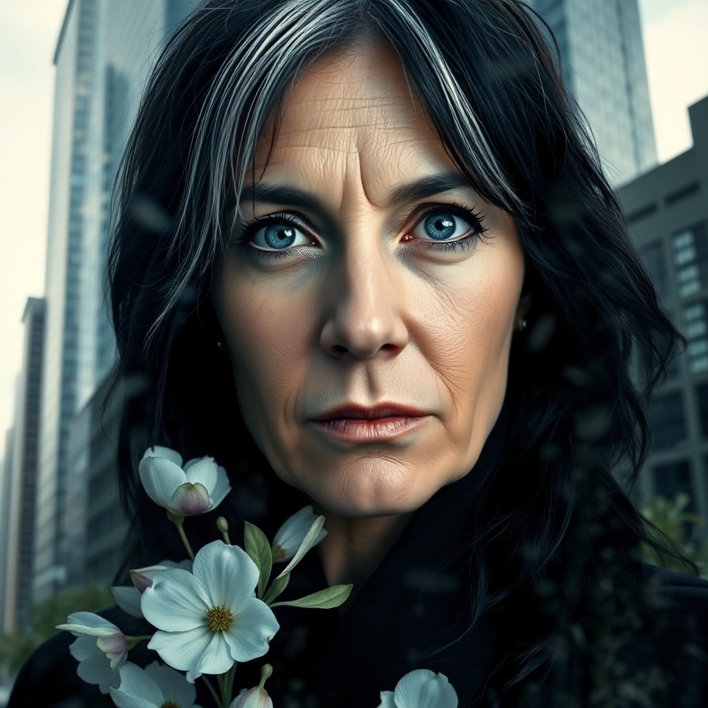 AI generated art for prompt: A double-exposure portrait depicts a middle-aged woman with intense blue eyes and raven hair streake