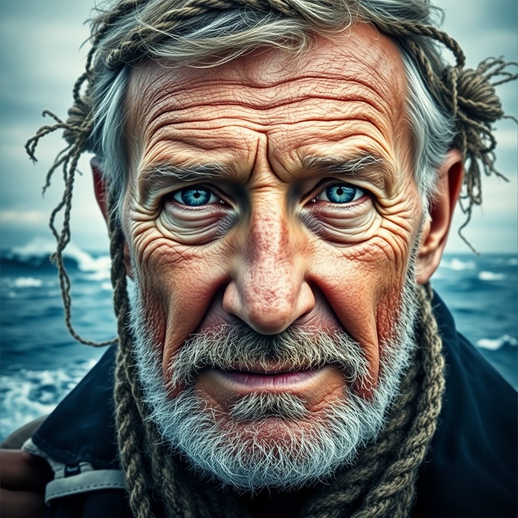 AI generated art for prompt: Envision a captivating double exposure portrait of an aged coastguard veteran with piercing blue eye