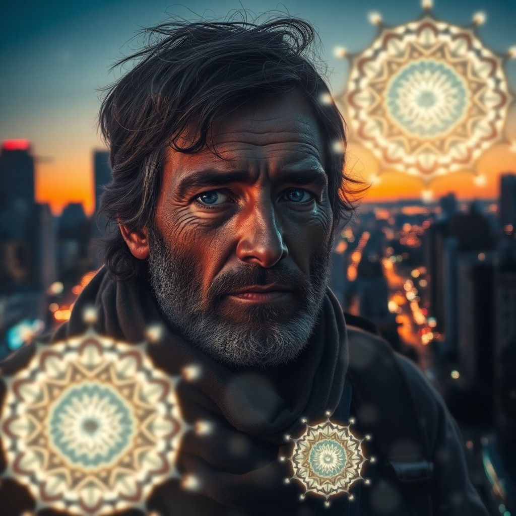 AI generated art for prompt: Depict a weathered adventurer with resolute eyes amidst a bustling cityscape at dusk. Overlay intric