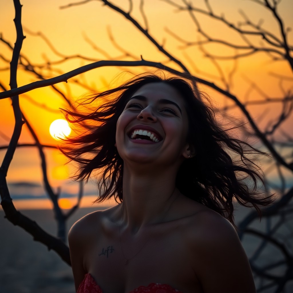 AI generated art for prompt: A captivating portrait depicts a woman laughing heartily at sunset on a serene beach. Her eyes spark