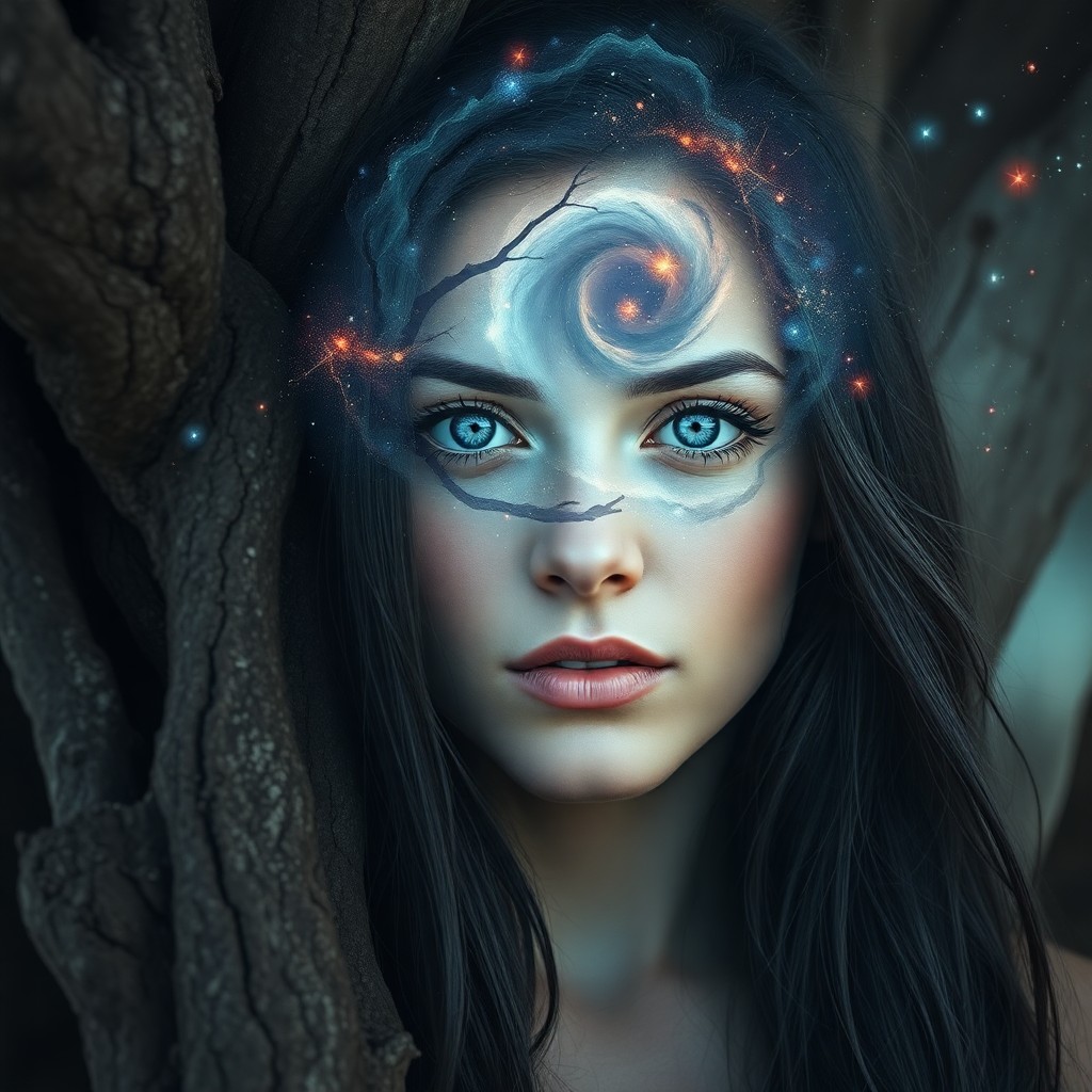 AI generated art for prompt: A hauntingly beautiful double exposure portrait showcases a resolute woman with piercing blue eyes a