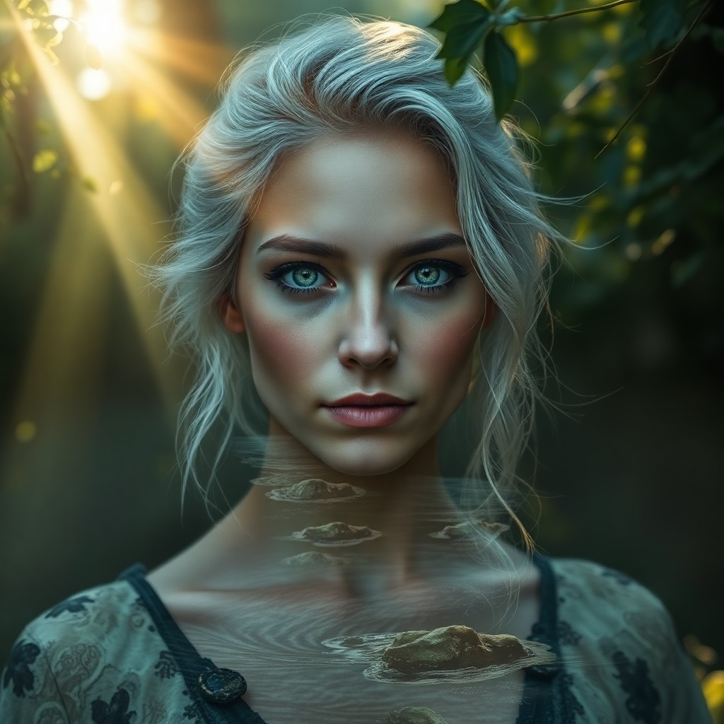 AI generated art for prompt: A weathered yet enchanting woman with untamed silver hair and piercing emerald eyes stands in a dens