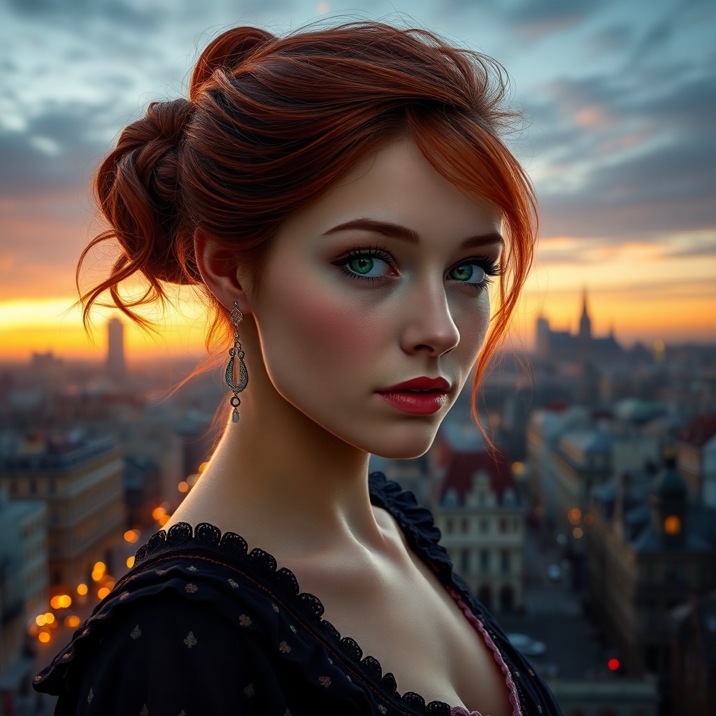 AI generated art for prompt: A photorealistic digital portrait showcases an enigmatic woman with fiery red hair, pulled back into