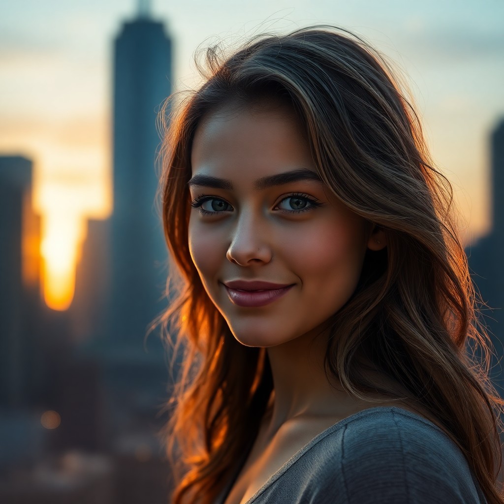 AI generated art for prompt: Craft a photorealistic digital portrait of a young woman adorned with soft, wavy hair and an enigmat