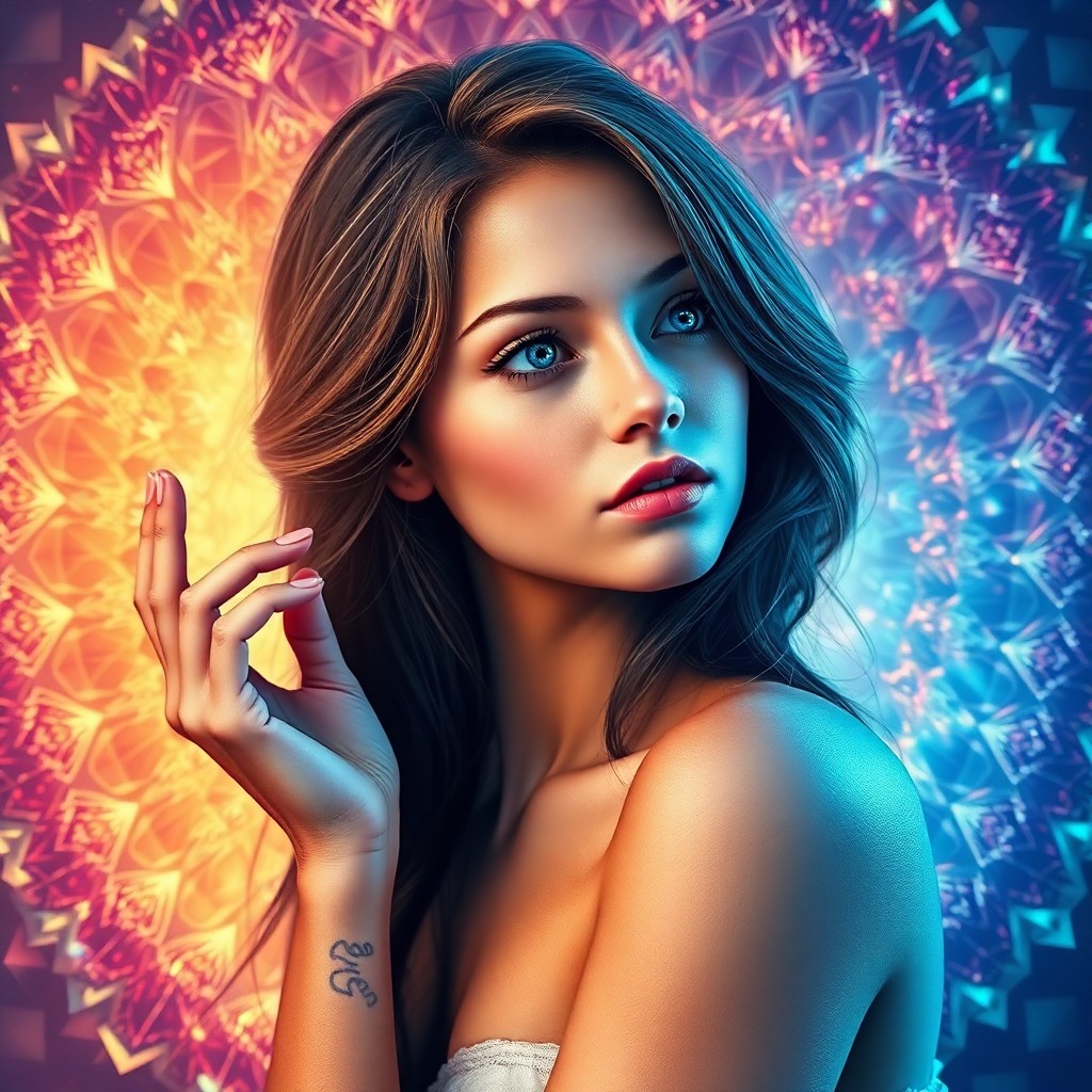 AI generated art for prompt: A mesmerizing digital portrait showcases a young woman with striking blue eyes and cascading hair, s