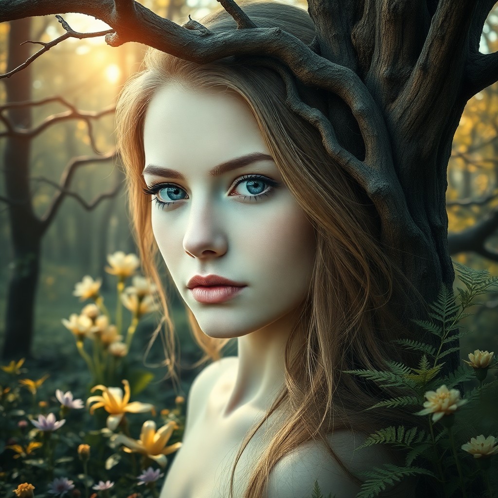 AI generated art for prompt: A captivating portrait showcases a young woman with porcelain skin and piercing blue eyes seamlessly