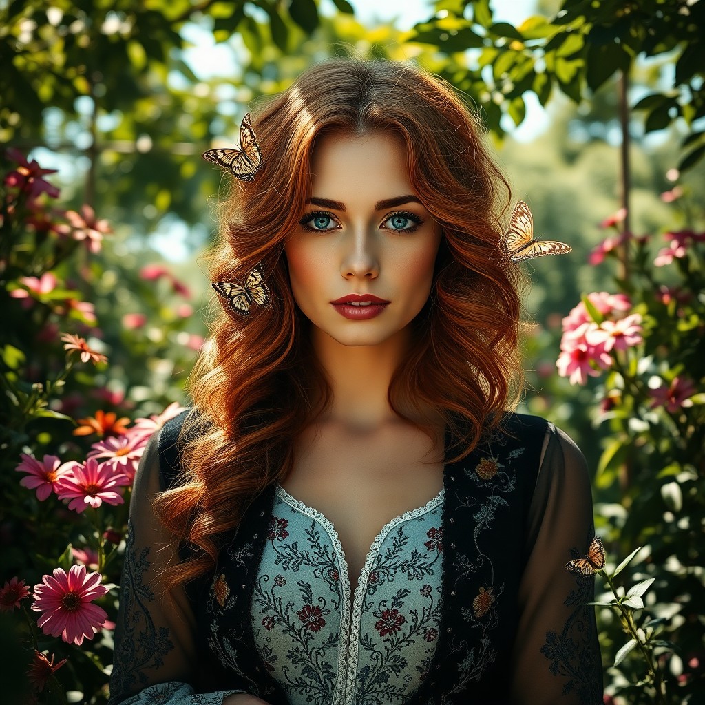 AI generated art for prompt: A confident woman with wavy auburn hair and piercing blue eyes stands amidst an overgrown garden, he