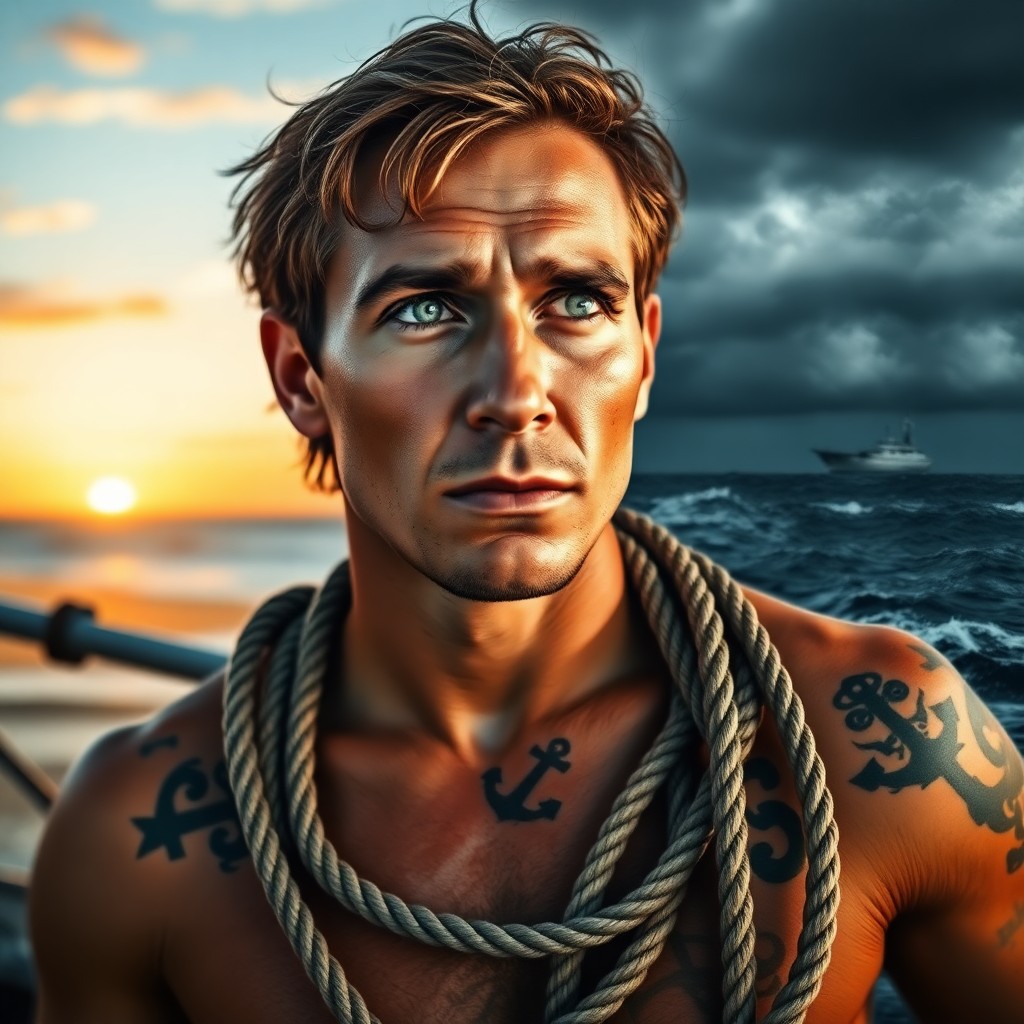 AI generated art for prompt: A captivating portrait showcases a weathered sailor with sun-kissed skin and piercing green eyes, ad