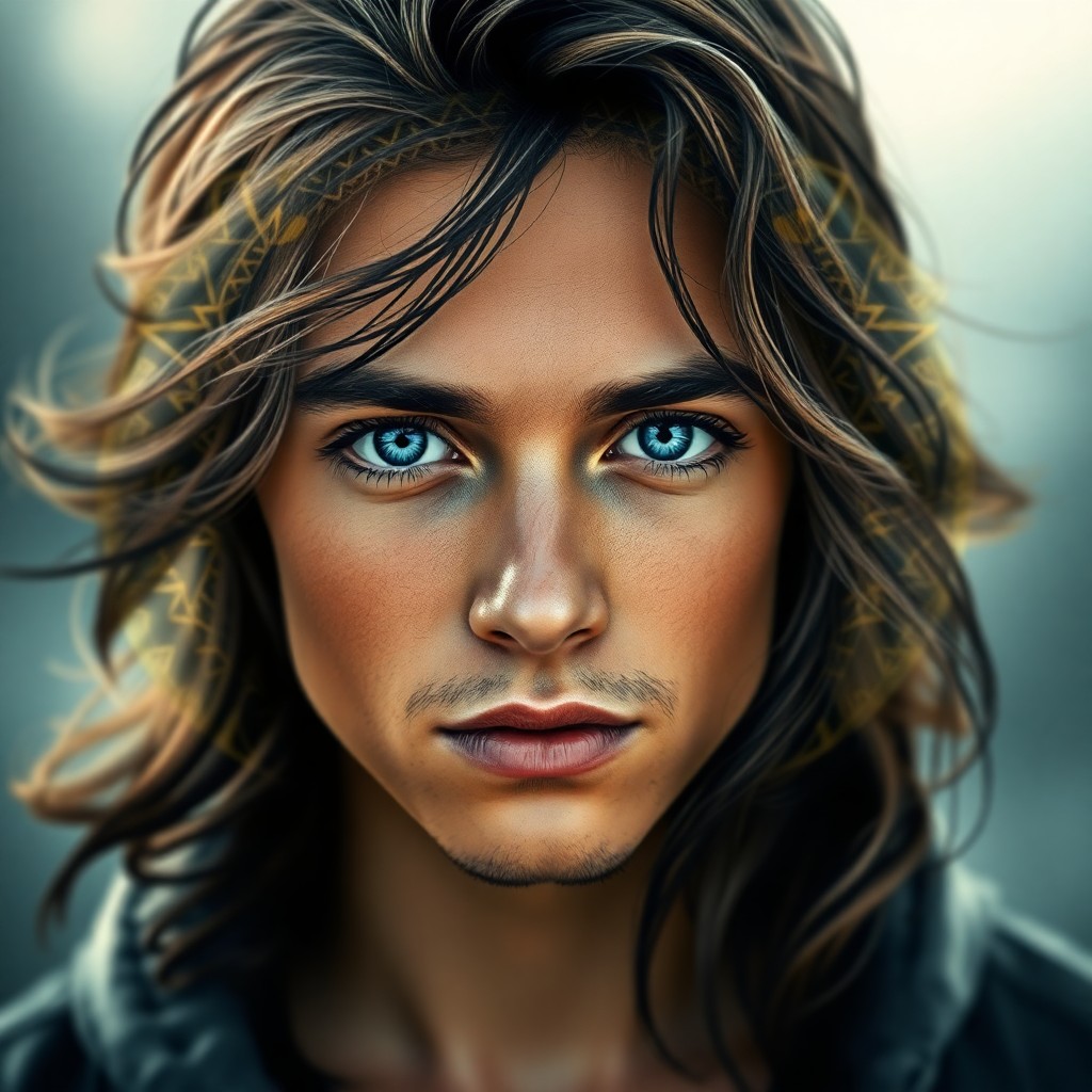 AI generated art for prompt: A captivating digital portrait showcases a pensive young man with striking blue eyes surrounded by w