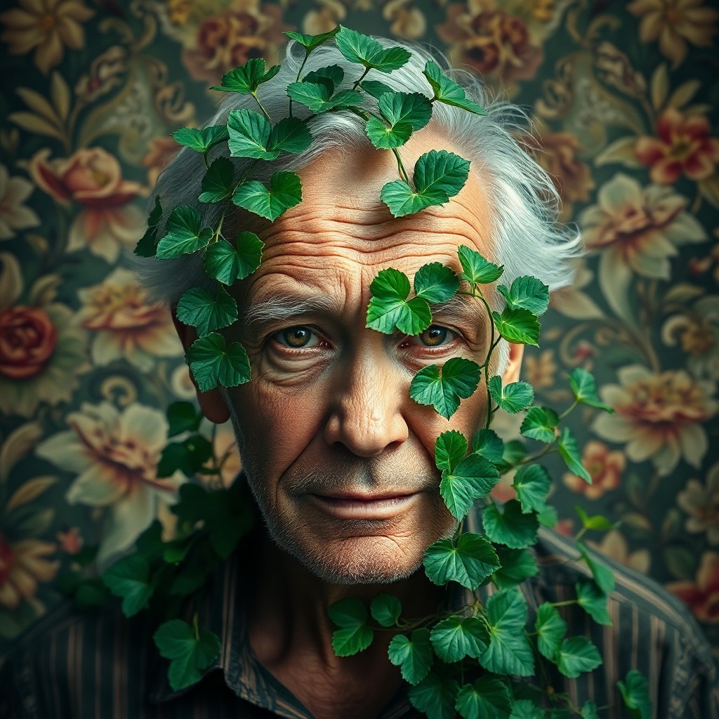 AI generated art for prompt: A double exposure portrait showcases an elderly man with a pensive gaze and wise eyes, his weathered