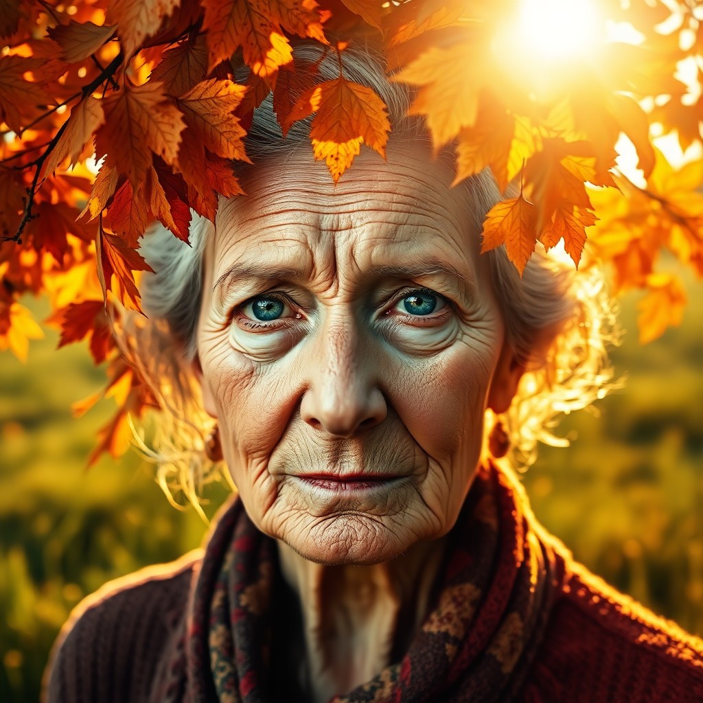 AI generated art for prompt: Craft an evocative double exposure portrait showcasing an elderly woman with weathered skin and inte