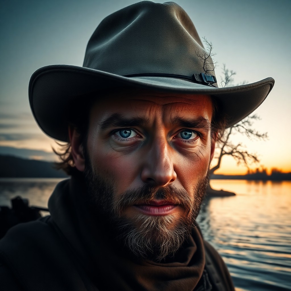 AI generated art for prompt: A captivating double exposure portrait showcases a rugged outdoorsman with sun-kissed skin and pierc