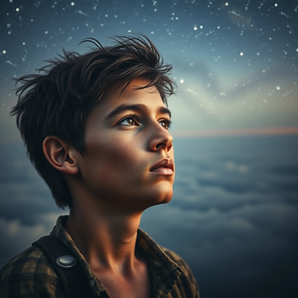 AI generated art for prompt: A captivating double exposure portrait showcases a weathered boy with a wistful gaze towards the hor