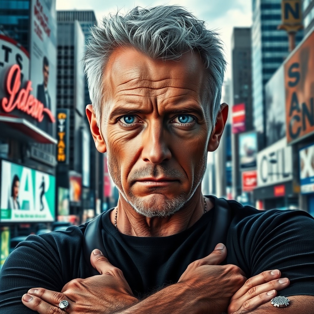 AI generated art for prompt: A stoic man with piercing blue eyes and short silver hair stands amidst a bustling urban landscape i