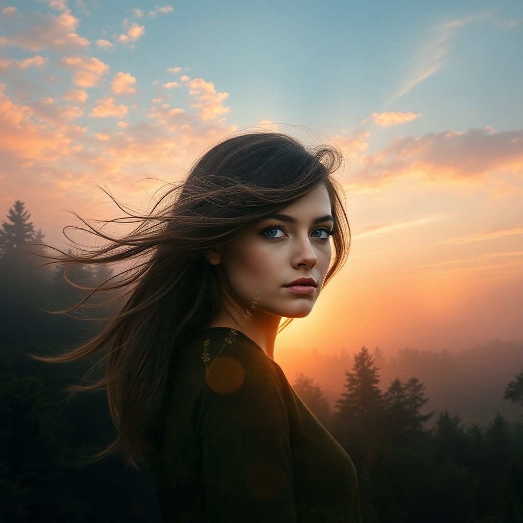 AI generated art for prompt: Craft a photorealistic portrait of a young woman with her hair gracefully swaying in the breeze, as 