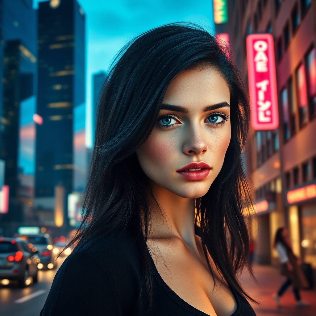 AI generated art for prompt: A captivating photorealistic portrait depicts a young woman with raven hair and piercing blue eyes a