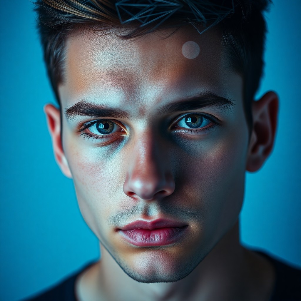 AI generated art for prompt: A captivating double exposure portrait showcases a young man's face seamlessly blending with intrica