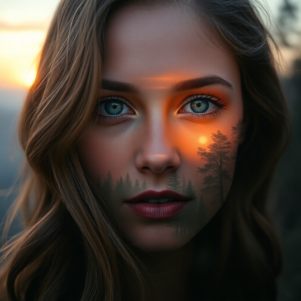 AI generated art for prompt: A captivating double exposure portrait showcases a young woman with long, wavy hair and striking gre